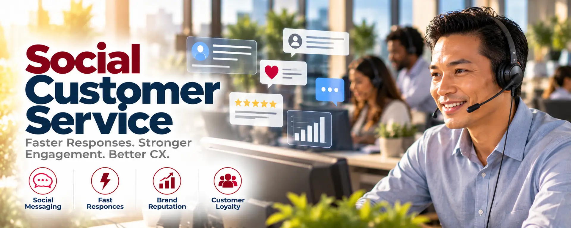 Servizio clienti sui social, risposte più rapide, fidelizzazione dei clienti, immagine del marchio, coinvolgimento dei clienti